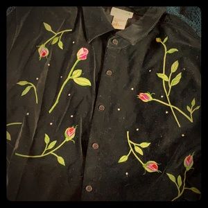 Quacker Factory button up jacket w/ flower detail